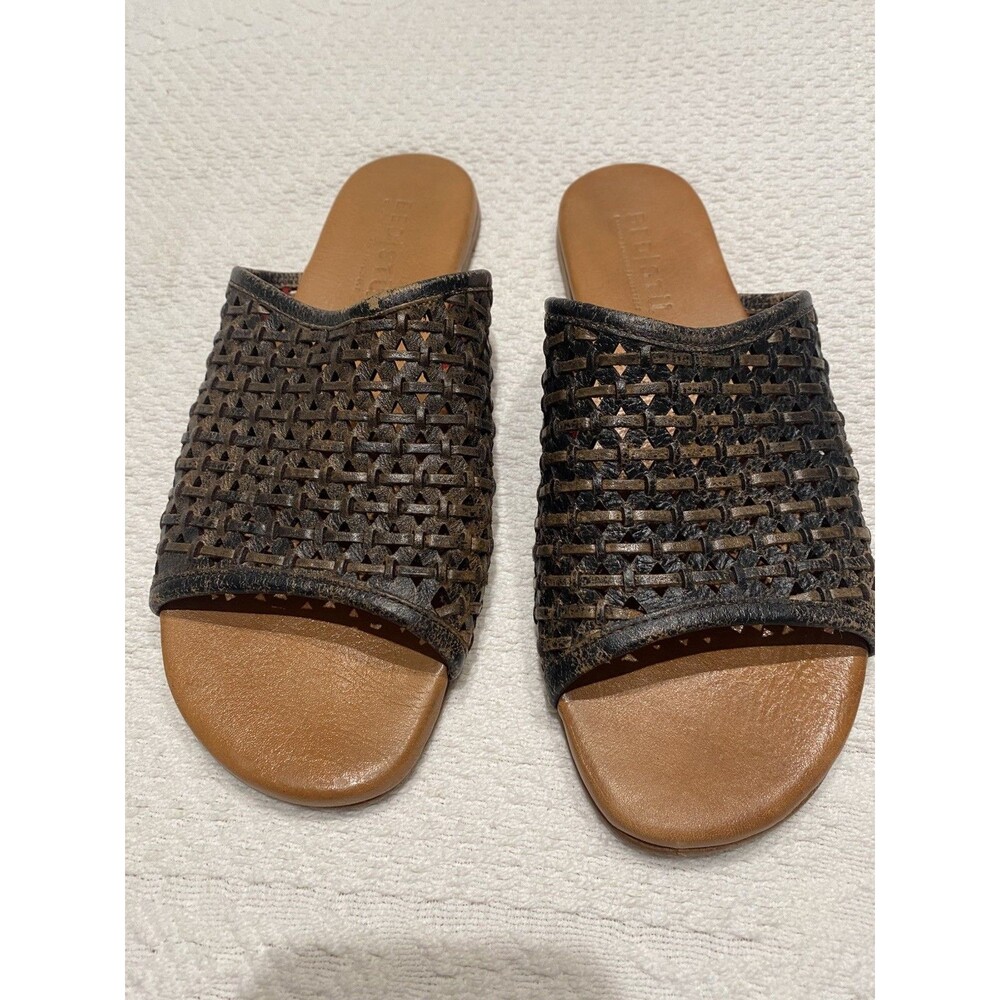 Bed|Stü Women's Black Woven Leather Slide Sandals Flat Comfort Size 8
